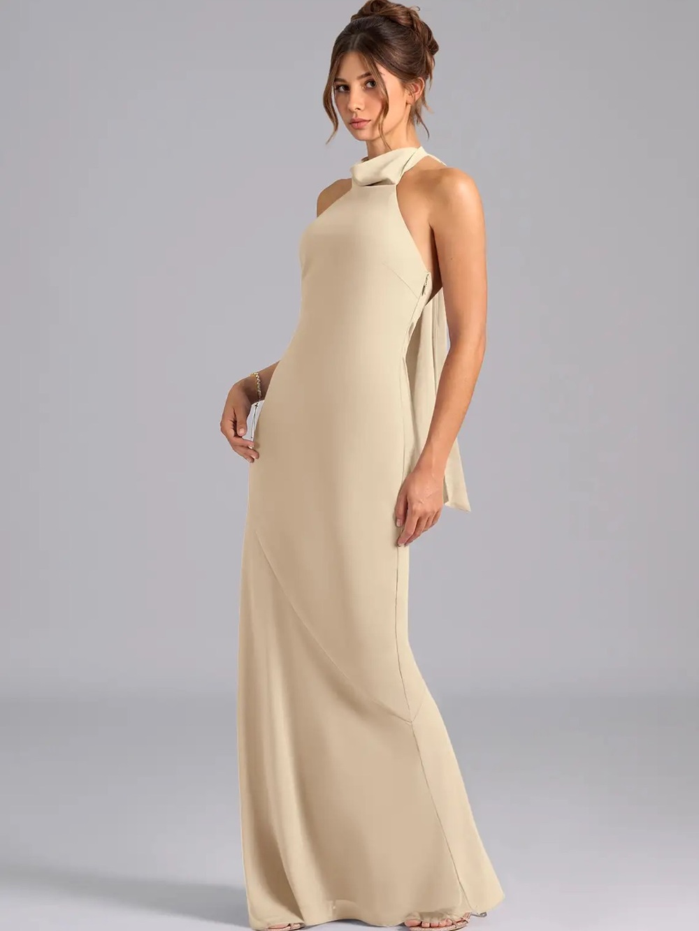 Azazie Champagne Halter Maxi Dress